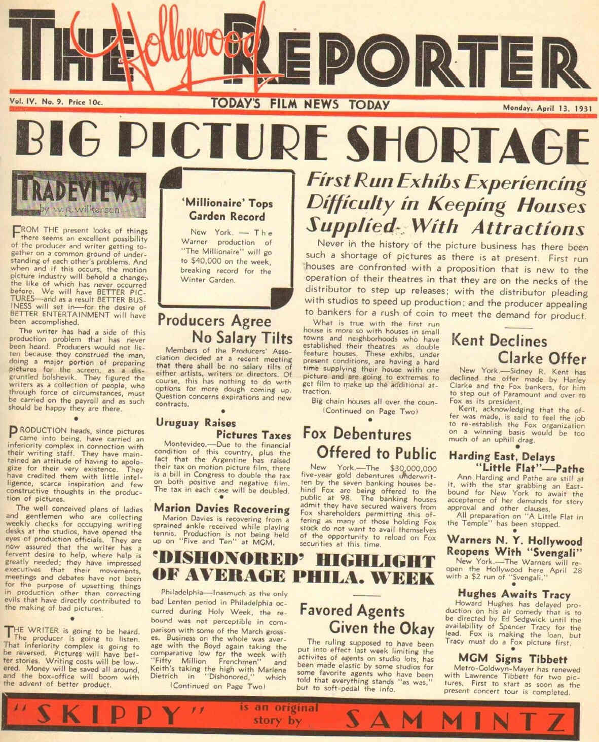 HOLLYWOOD REPORTER | THE magazine side cover 13 April 1931
