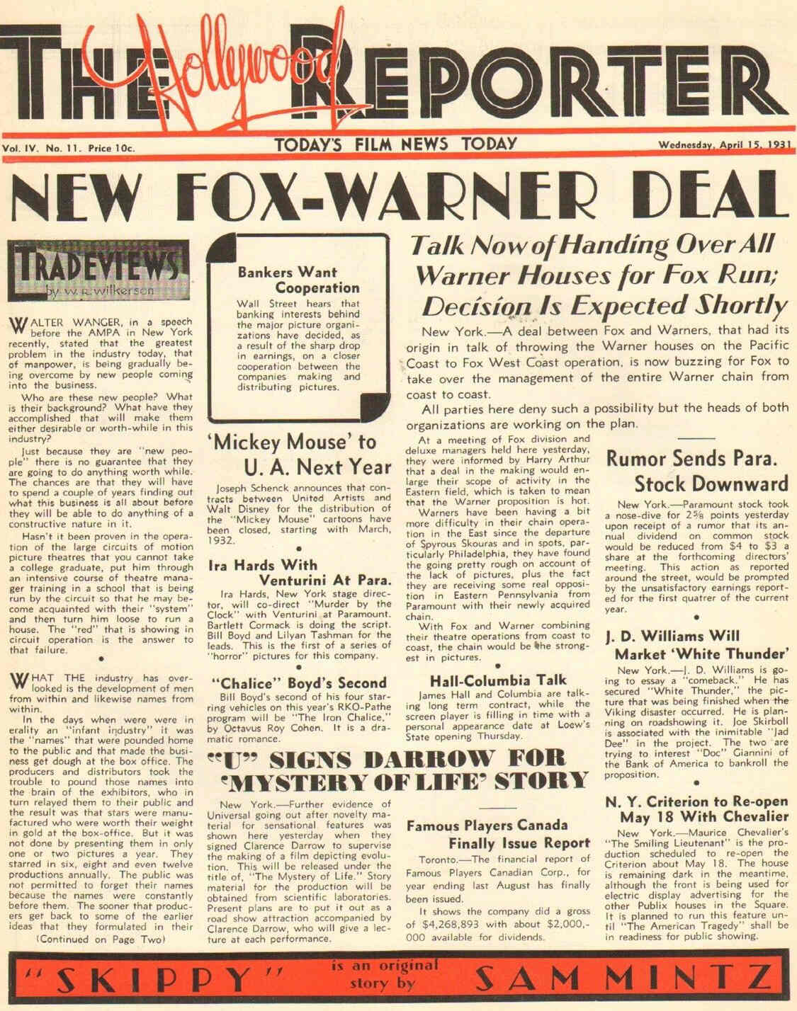 HOLLYWOOD REPORTER | THE magazine side cover 15 April 1931