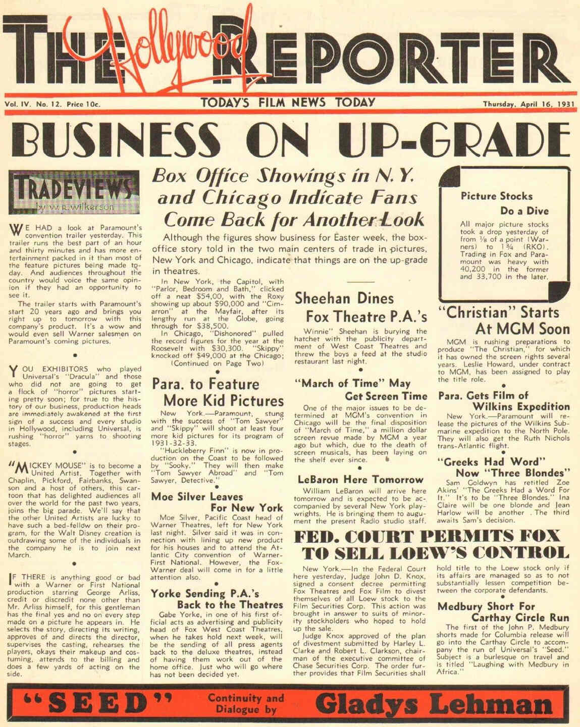 HOLLYWOOD REPORTER | THE magazine side cover 16 April 1931