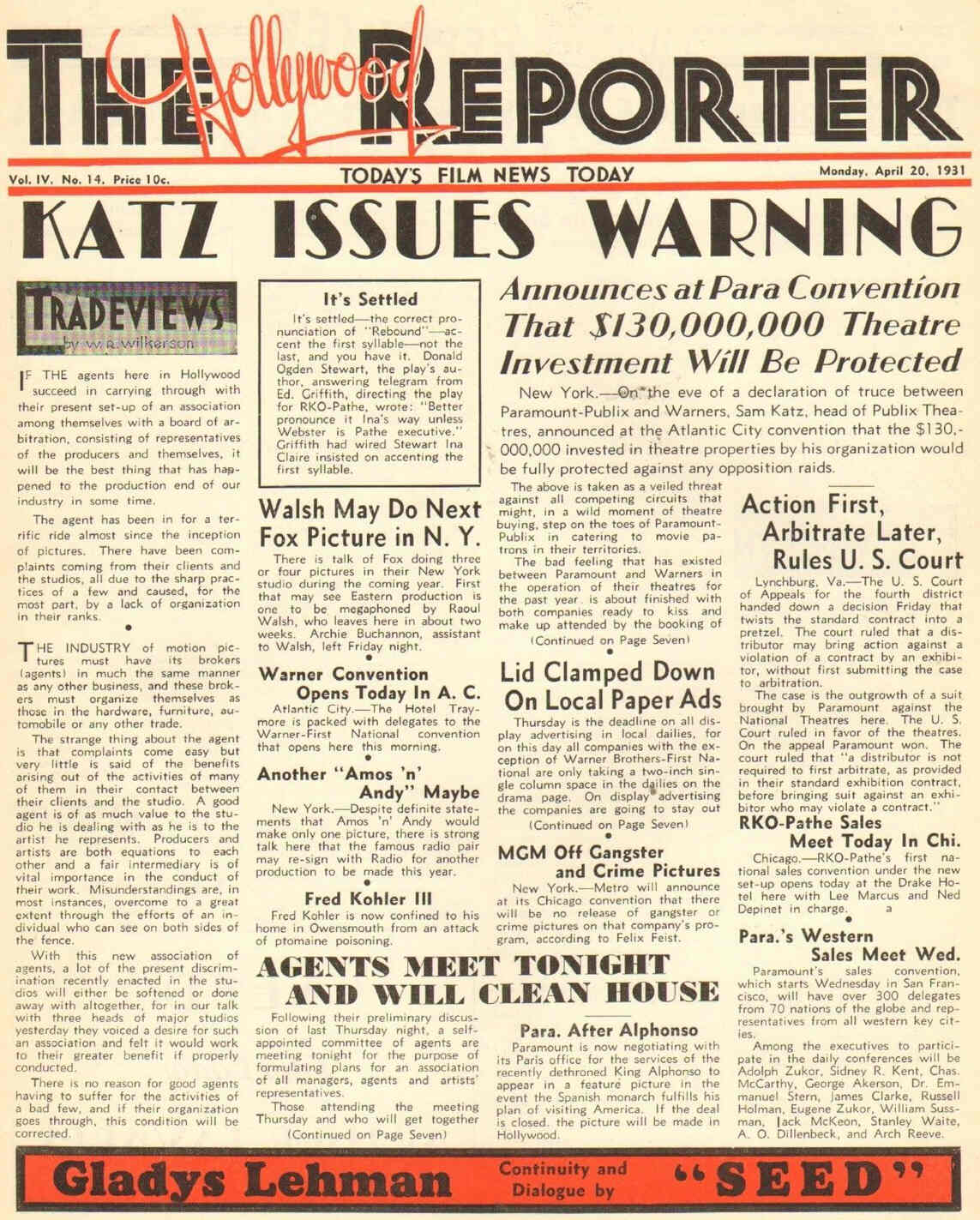 HOLLYWOOD REPORTER | THE magazine side cover 20 April 1931