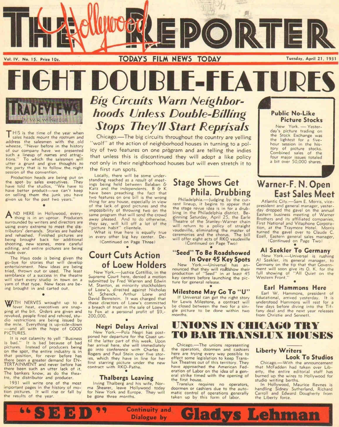 HOLLYWOOD REPORTER | THE magazine side cover 21 April 1931