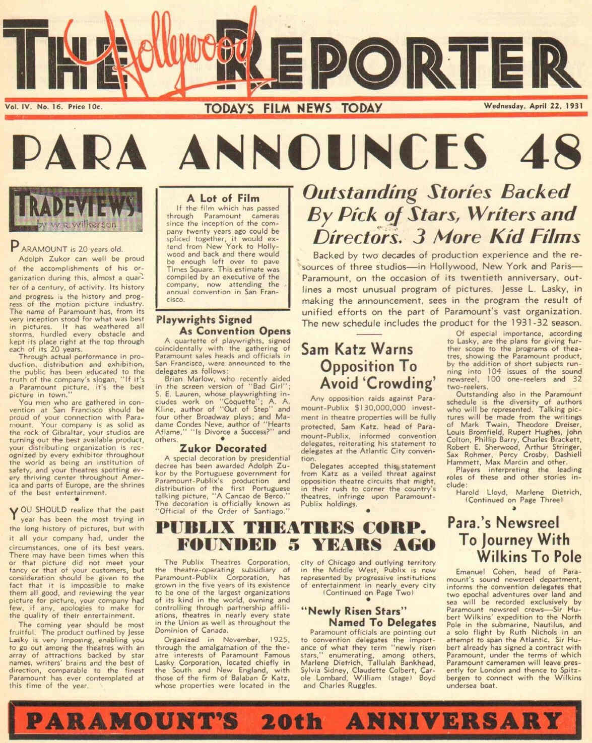 HOLLYWOOD REPORTER | THE magazine side cover 22 April 1931