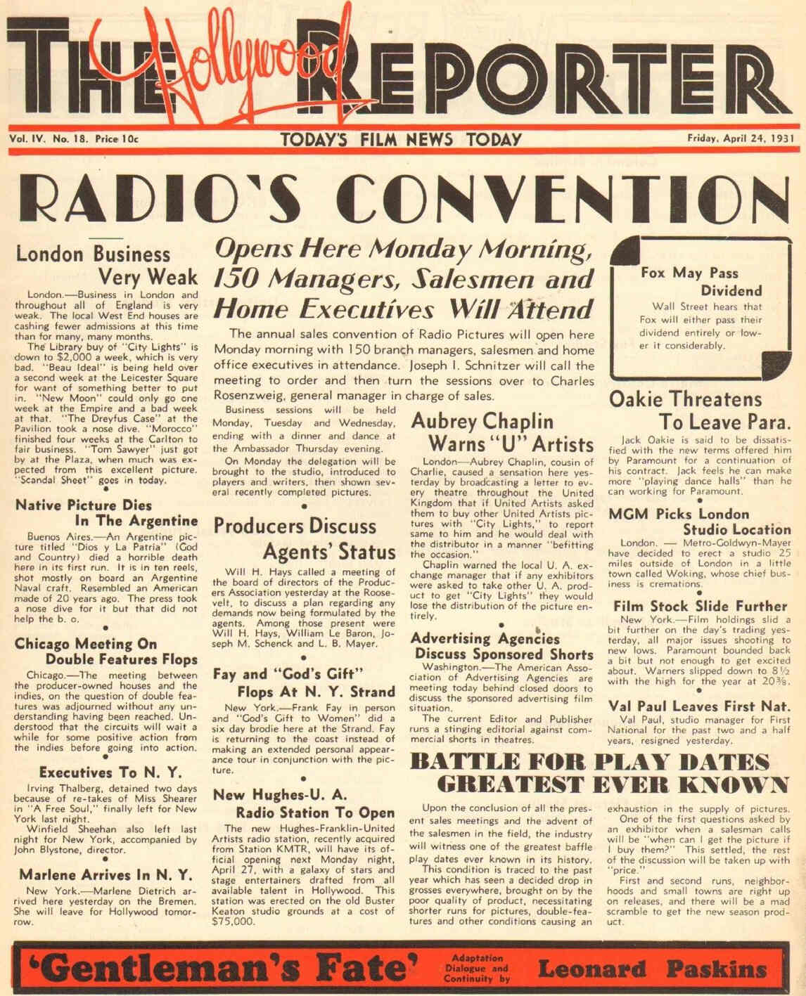HOLLYWOOD REPORTER | THE magazine side cover 24 April 1931