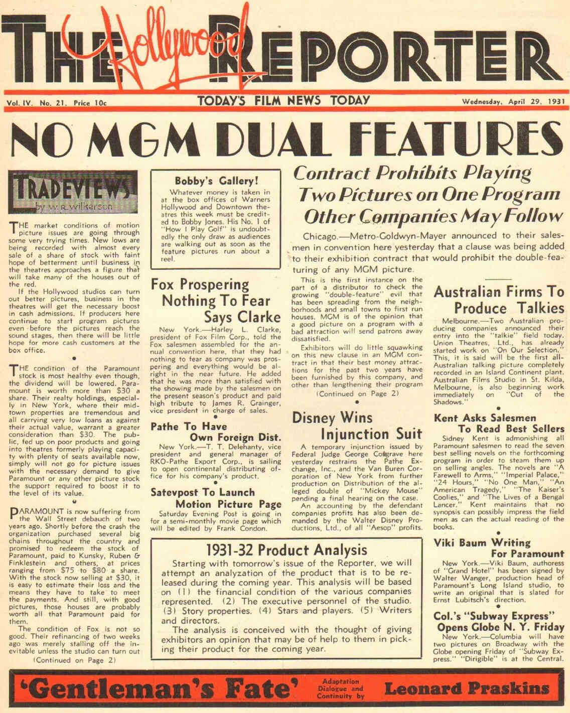 HOLLYWOOD REPORTER | THE magazine side cover 29 April 1931