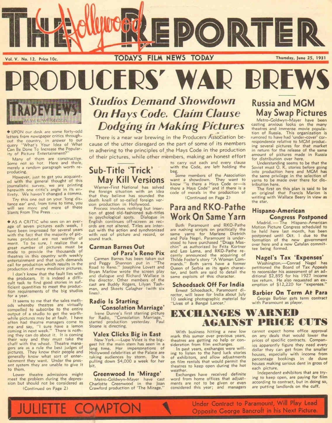 HOLLYWOOD REPORTER | THE magazine side cover 25 June 1931