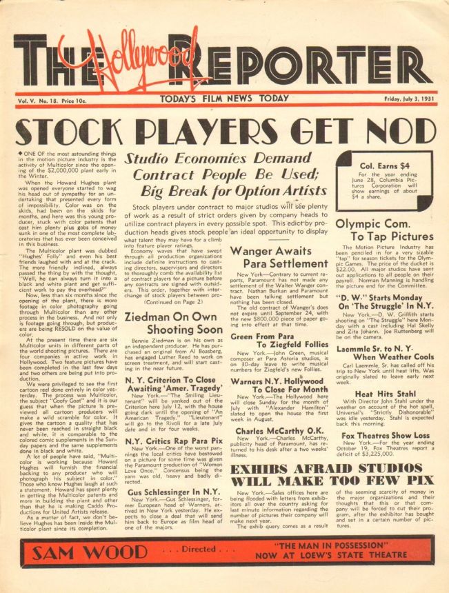 HOLLYWOOD REPORTER | THE magazine side cover 3 July 1931