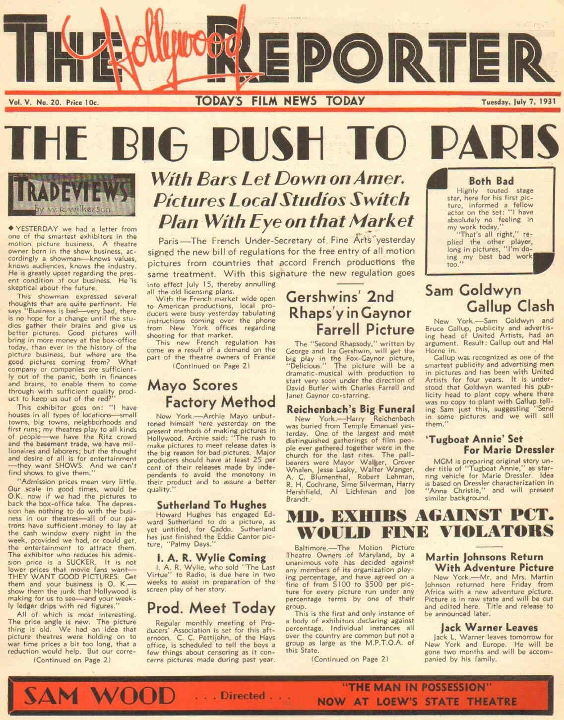 HOLLYWOOD REPORTER | THE magazine side cover 7 July 1931