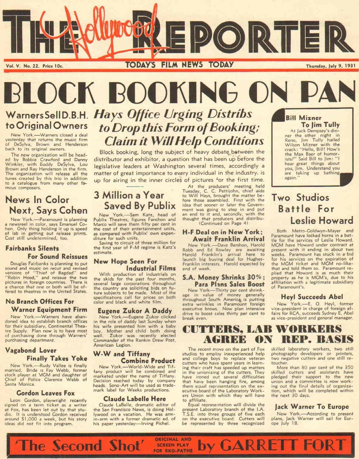 HOLLYWOOD REPORTER | THE magazine side cover 9 July 1931
