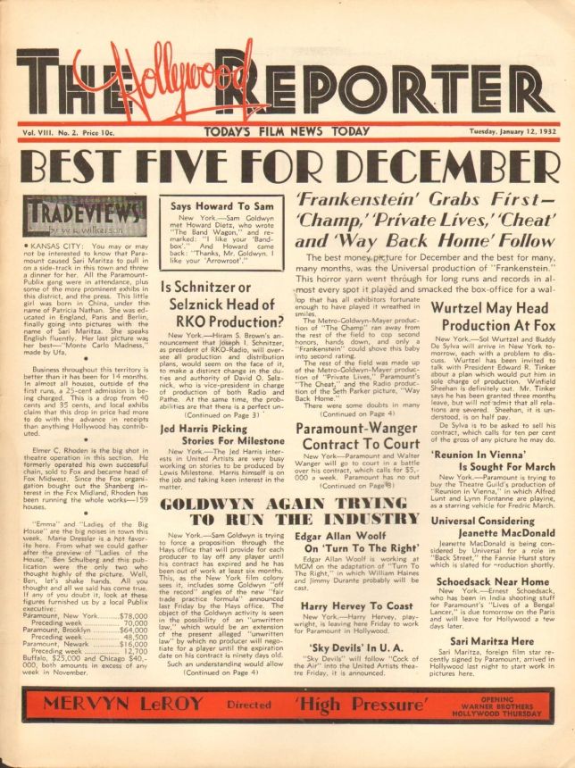 HOLLYWOOD REPORTER | THE magazine side cover 12 January 1932
