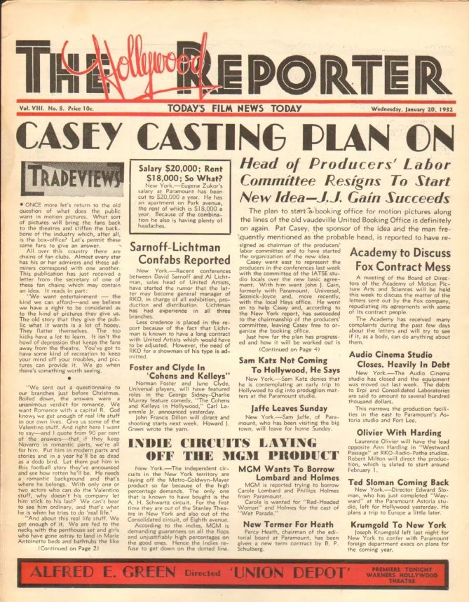 HOLLYWOOD REPORTER | THE magazine side cover 20 January 1932