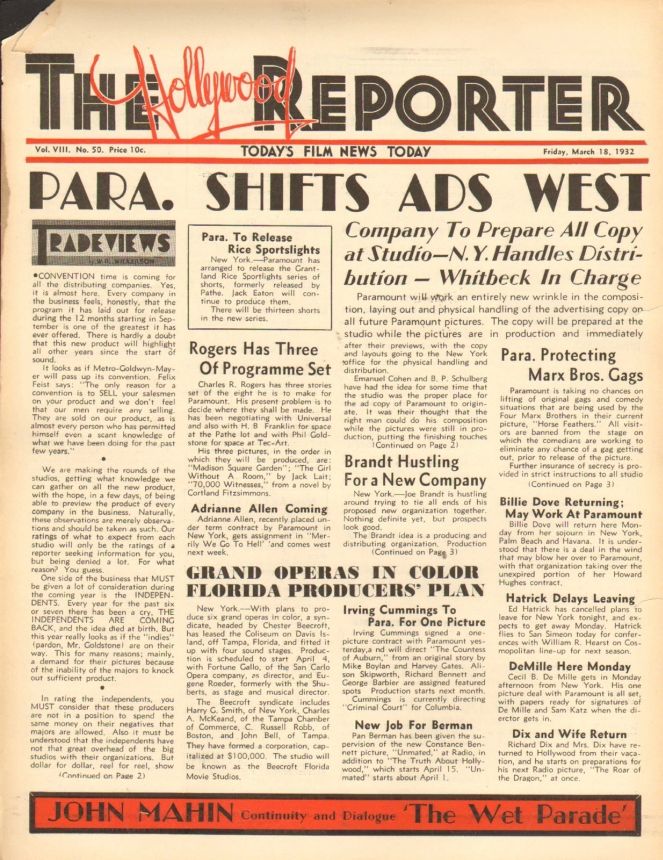 HOLLYWOOD REPORTER | THE magazine side cover 18 March 1932