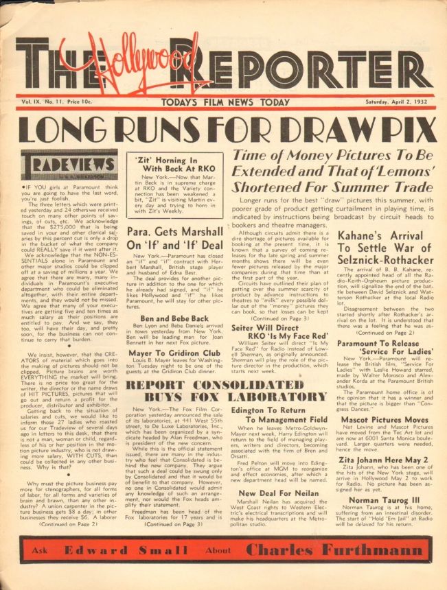 HOLLYWOOD REPORTER | THE magazine side cover 2 April 1932