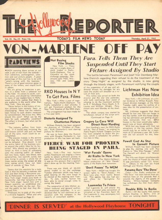 HOLLYWOOD REPORTER | THE magazine side cover 21 April 1932