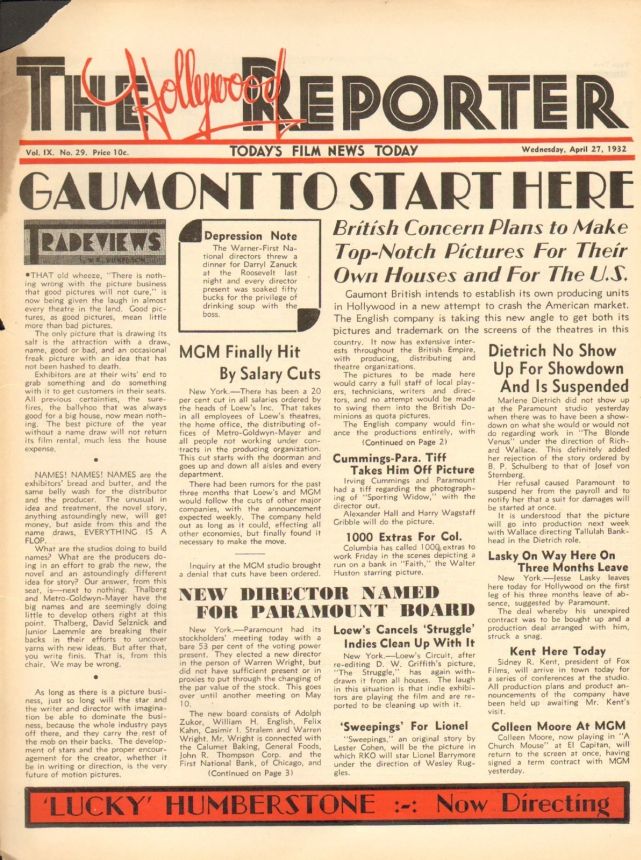 HOLLYWOOD REPORTER | THE magazine side cover 27 April 1932