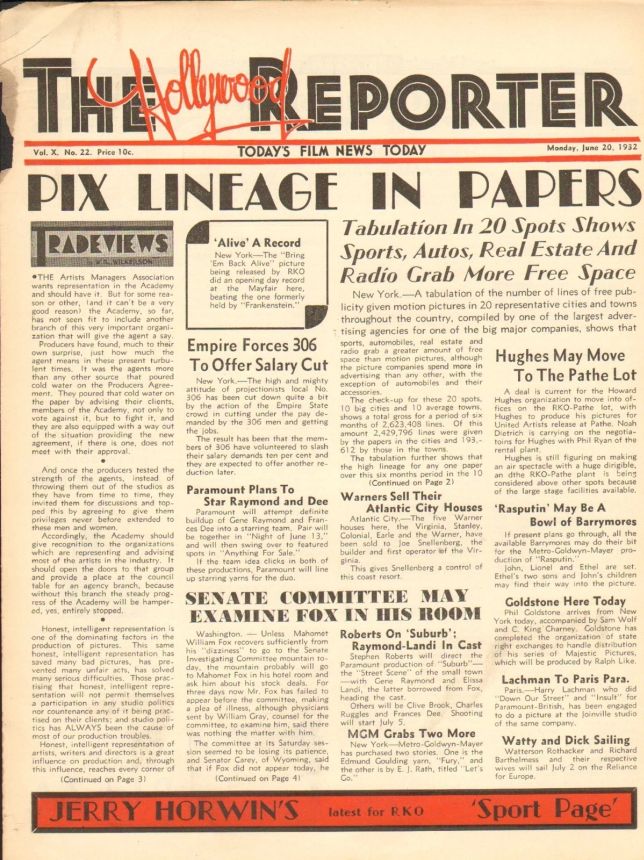 HOLLYWOOD REPORTER | THE magazine side cover 20 June 1932