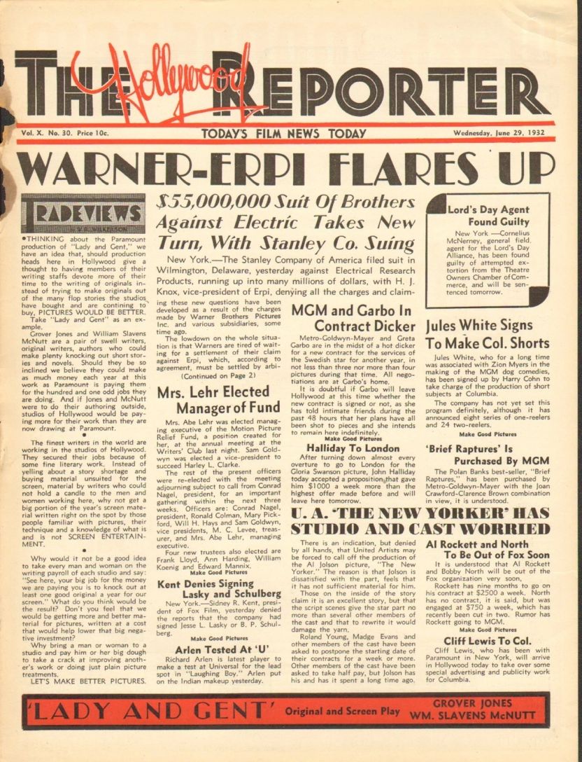 HOLLYWOOD REPORTER | THE magazine side cover 29 June 1932