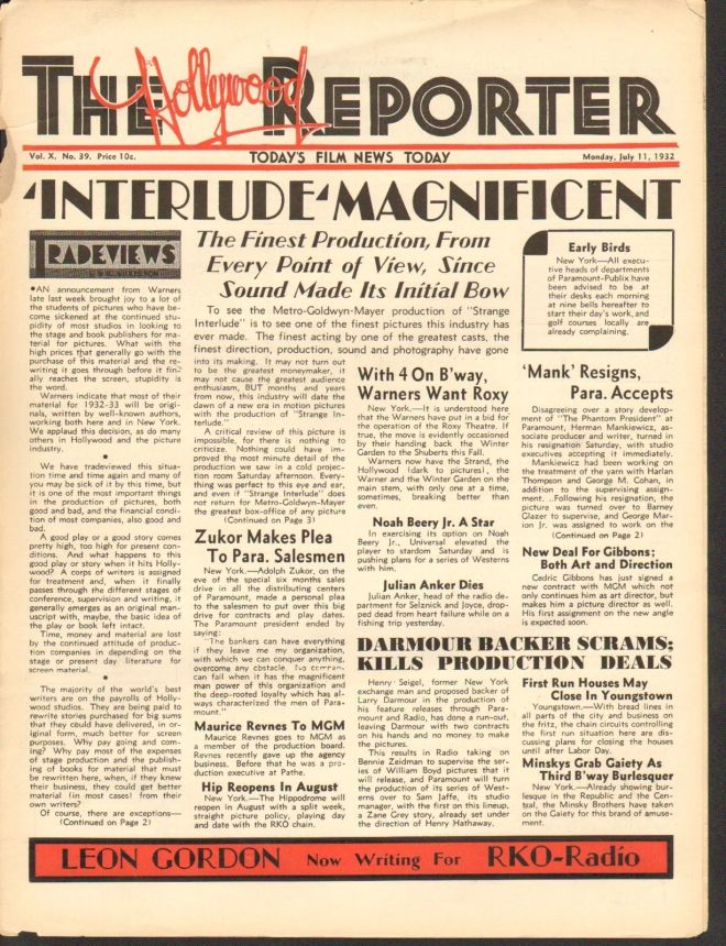 HOLLYWOOD REPORTER | THE magazine side cover 11 July 1932