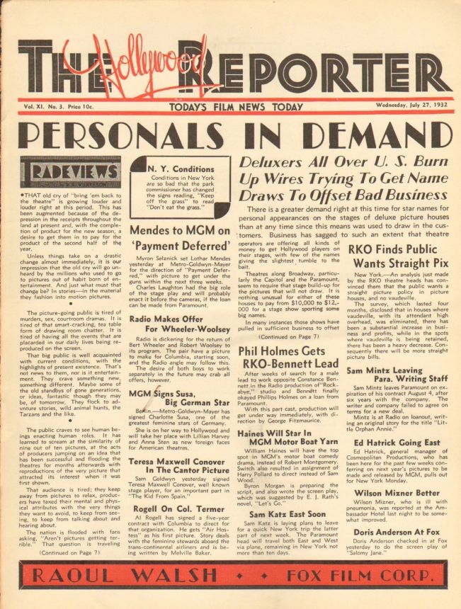 HOLLYWOOD REPORTER | THE magazine side cover 27 July 1932