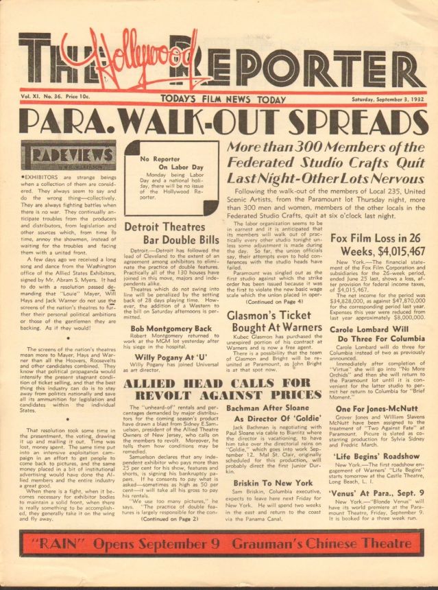 HOLLYWOOD REPORTER | THE magazine side cover 3 September 1932