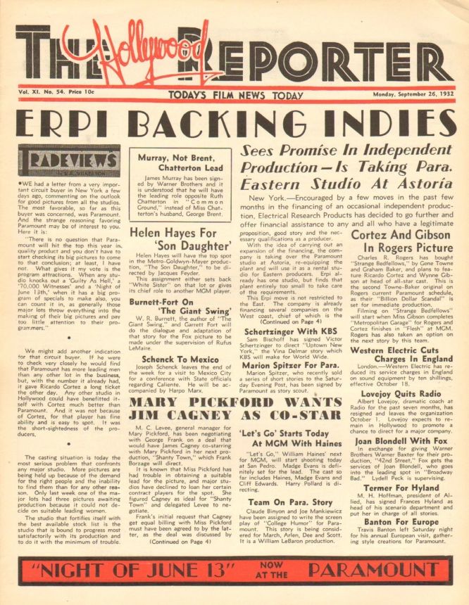 HOLLYWOOD REPORTER | THE magazine side cover 26 September 1932