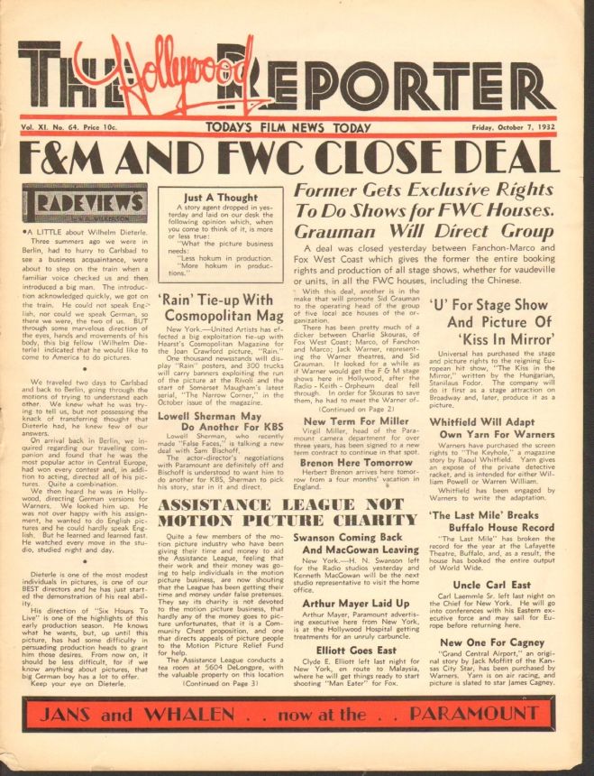 HOLLYWOOD REPORTER | THE magazine side cover 7 October 1932