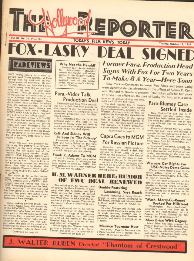 HOLLYWOOD REPORTER | THE magazine side cover 18 October 1932