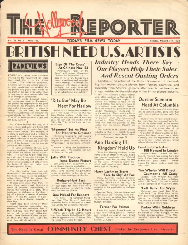 HOLLYWOOD REPORTER | THE magazine side cover 8 November 1932