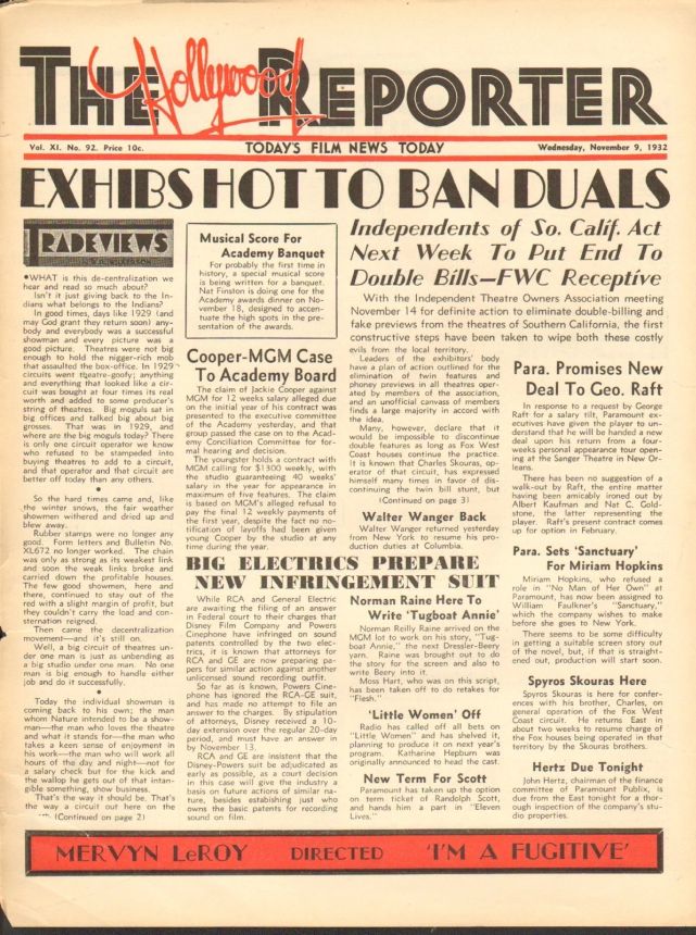 HOLLYWOOD REPORTER | THE magazine side cover 9 November 1932