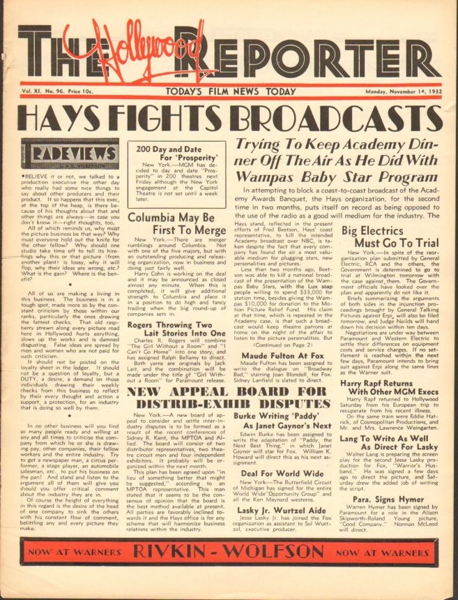 HOLLYWOOD REPORTER | THE magazine side cover 14 November 1932
