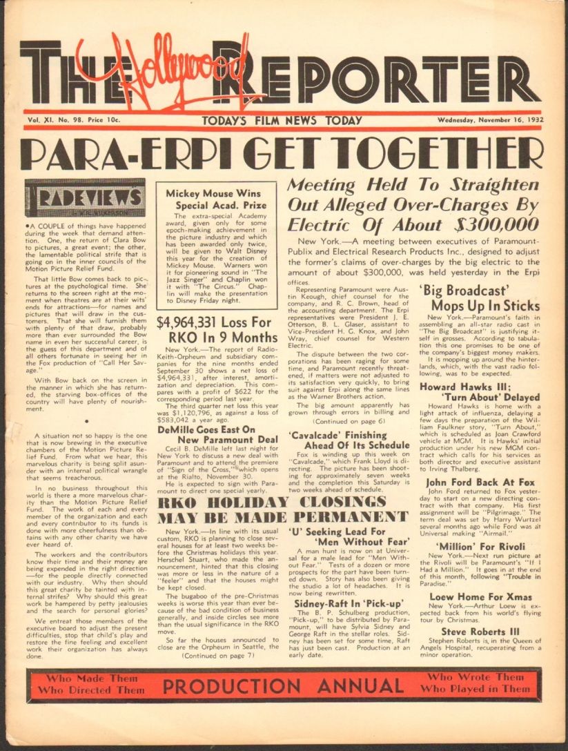 HOLLYWOOD REPORTER | THE magazine side cover 16 November 1932