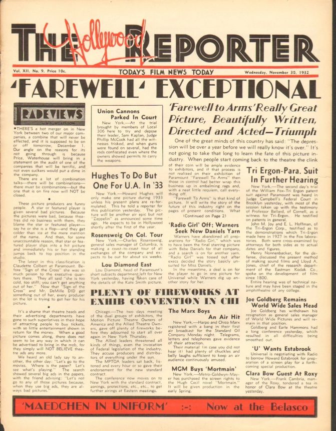 HOLLYWOOD REPORTER | THE magazine side cover 30 November 1932