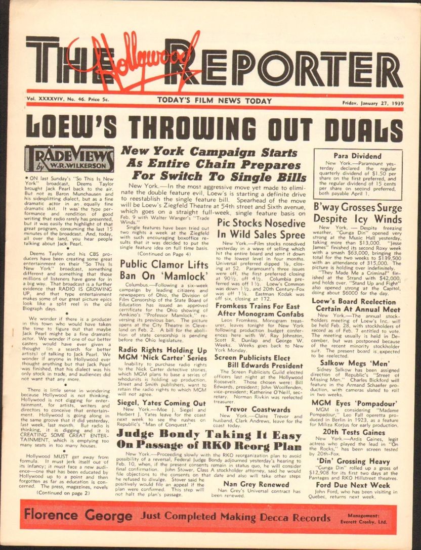 HOLLYWOOD REPORTER | THE magazine side cover 27 January 1939