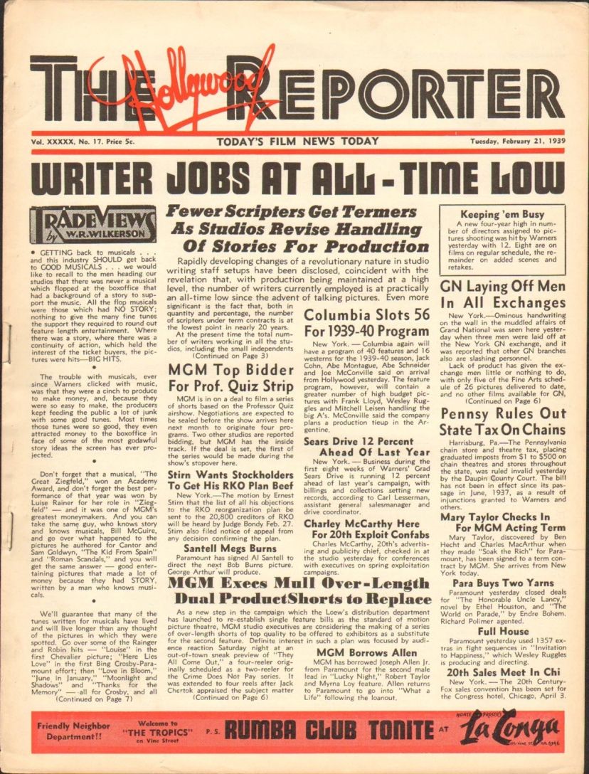 HOLLYWOOD REPORTER | THE magazine side cover 21 February 1939