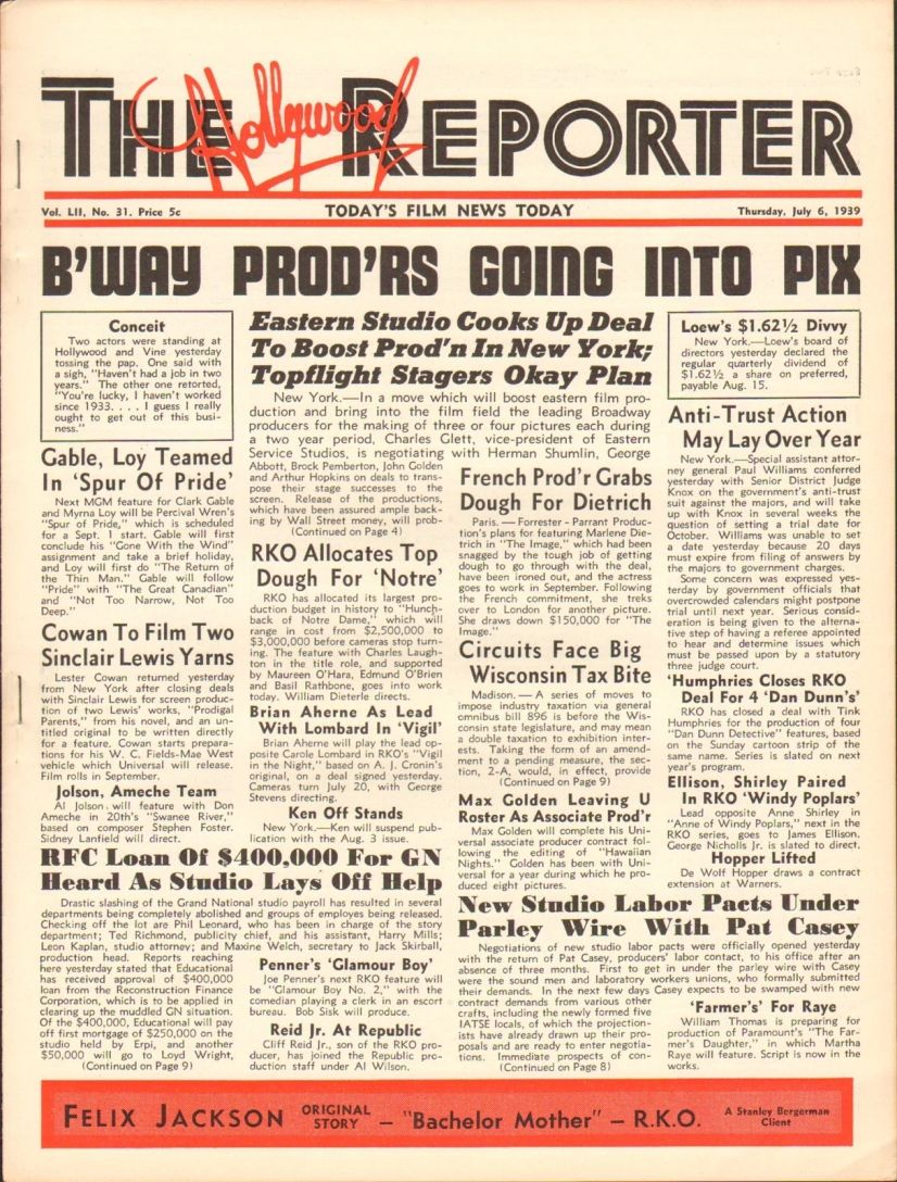 HOLLYWOOD REPORTER | THE magazine side cover 6 July 1939