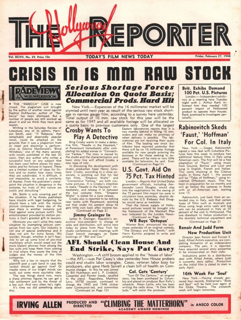 HOLLYWOOD REPORTER | THE magazine side cover 27 February 1948