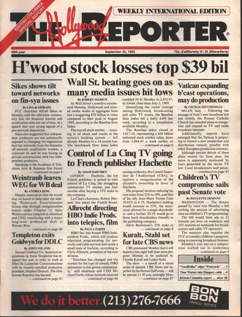 HOLLYWOOD REPORTER | THE magazine side cover 25 September 1990