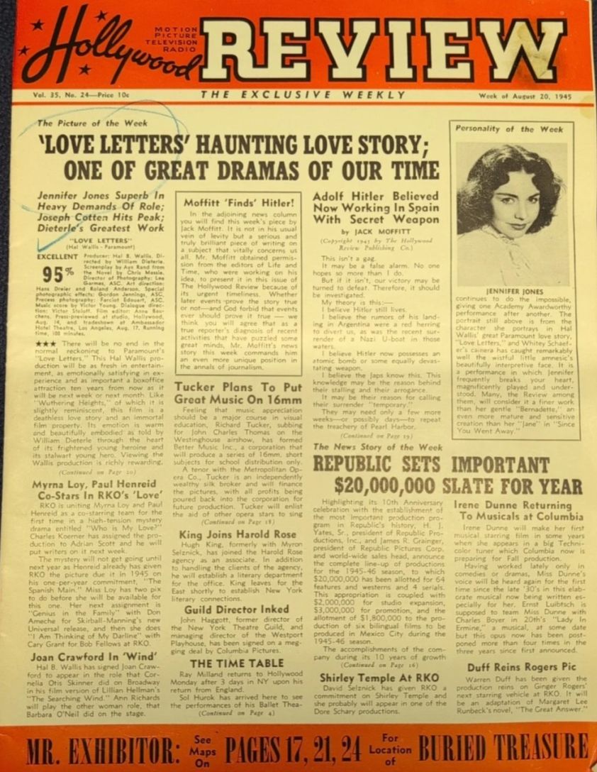 HOLLYWOOD REVIEW WEEKLY magazine side cover Issue 34 20 August 1945
