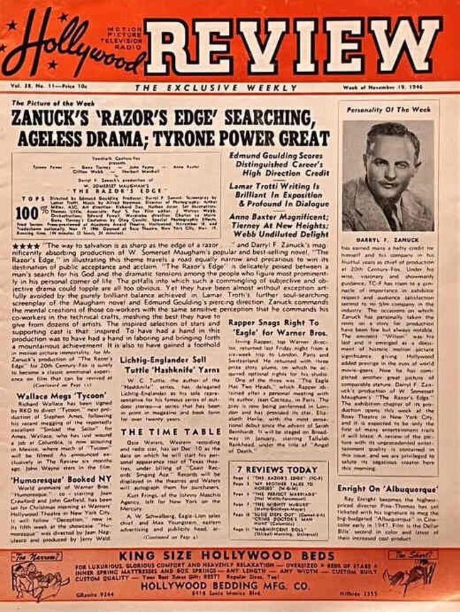 HOLLYWOOD REVIEW WEEKLY magazine side cover 19 November 1946
