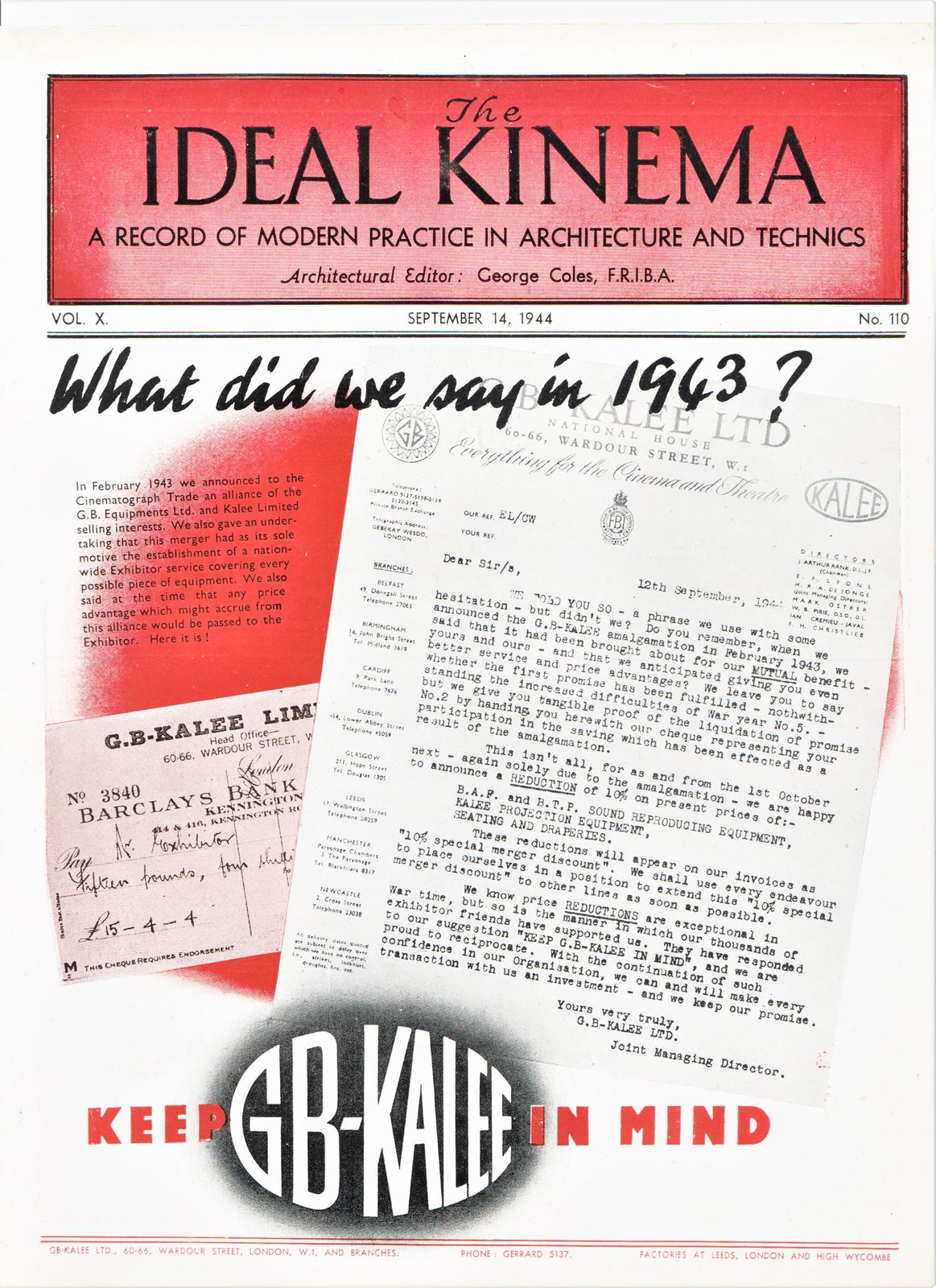IDEAL KINEMA magazine side cover  Vol 10 No  110 14 September 1944