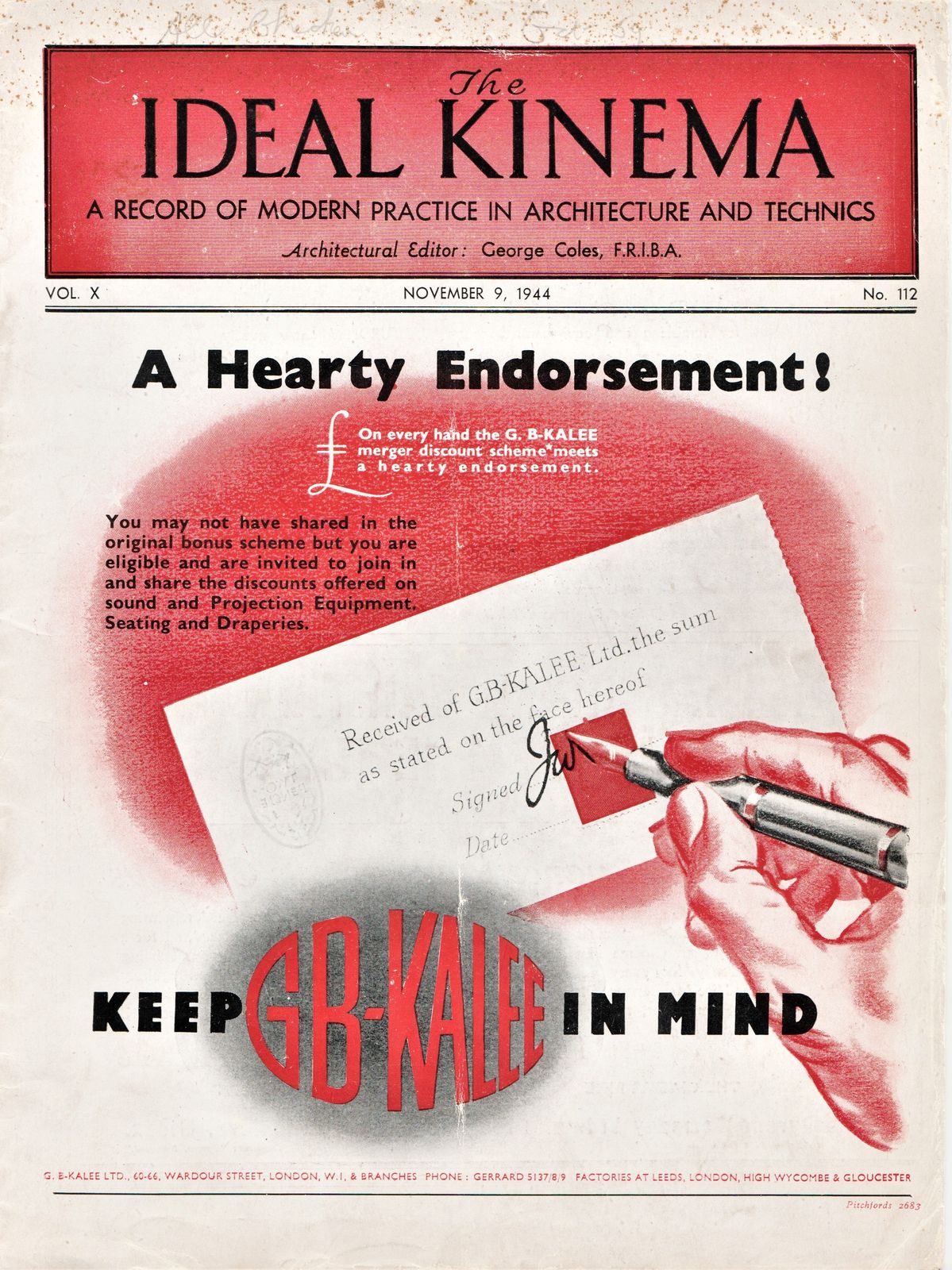 IDEAL KINEMA magazine side cover  Vol 10 No  112 9 November 1944