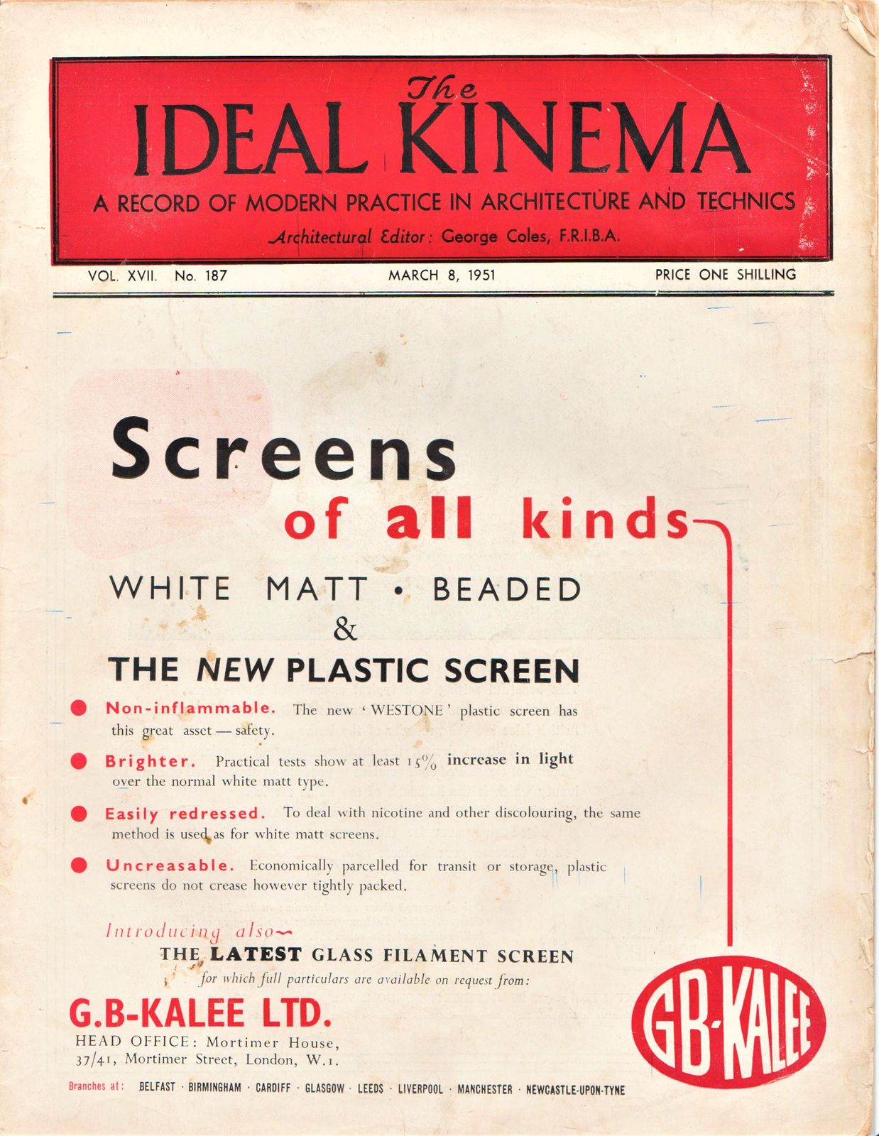 IDEAL KINEMA magazine side cover  Vol 17 No  187 8 March 1951