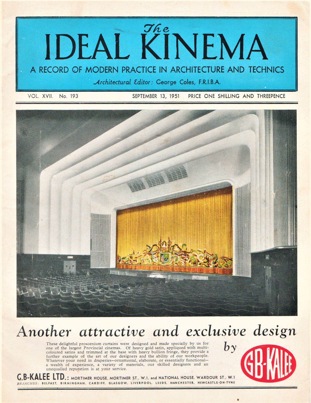 IDEAL KINEMA magazine side cover  Vol 17 No  193 13 September 1951