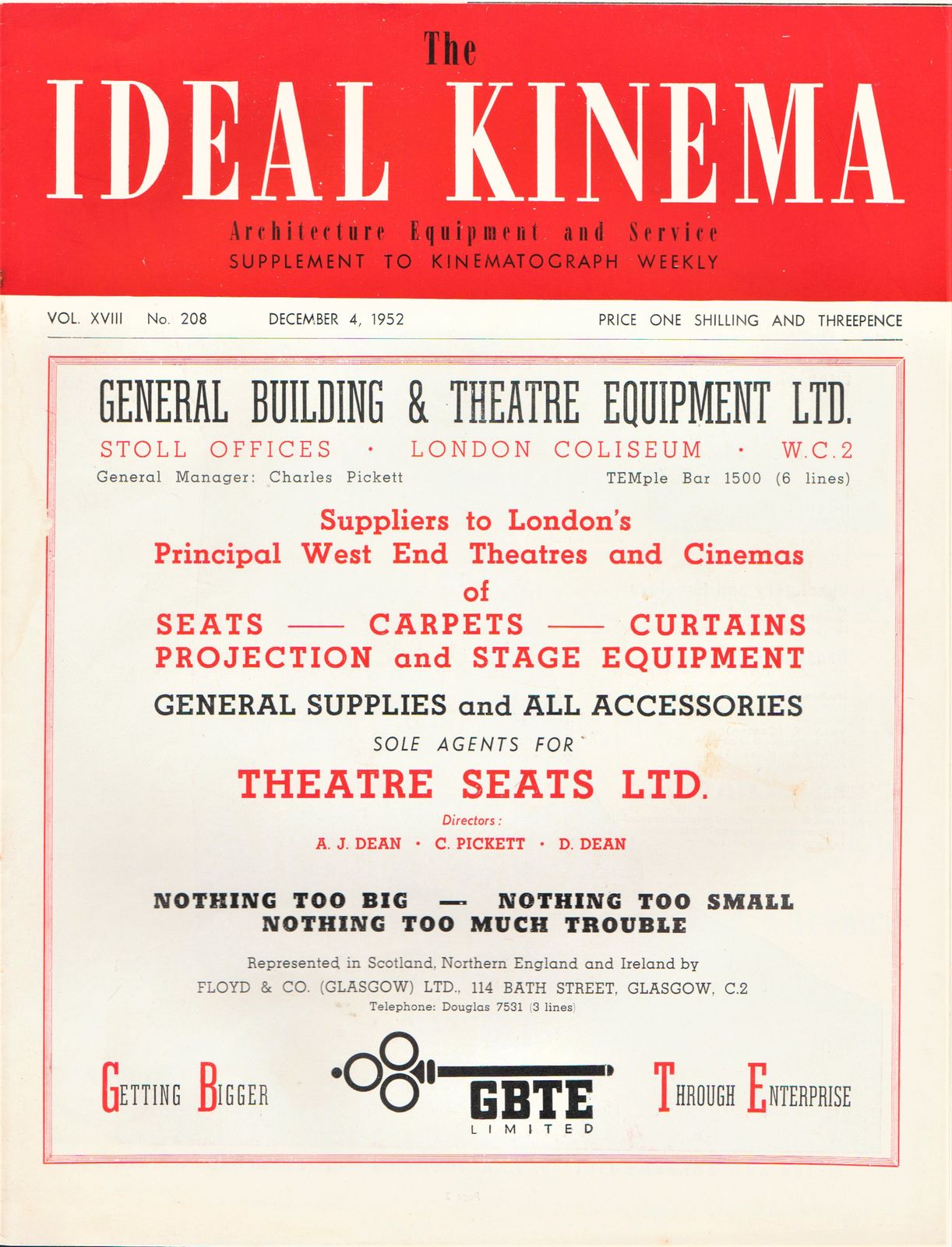 IDEAL KINEMA magazine side cover  Vol 18 No  208 4 December 1952