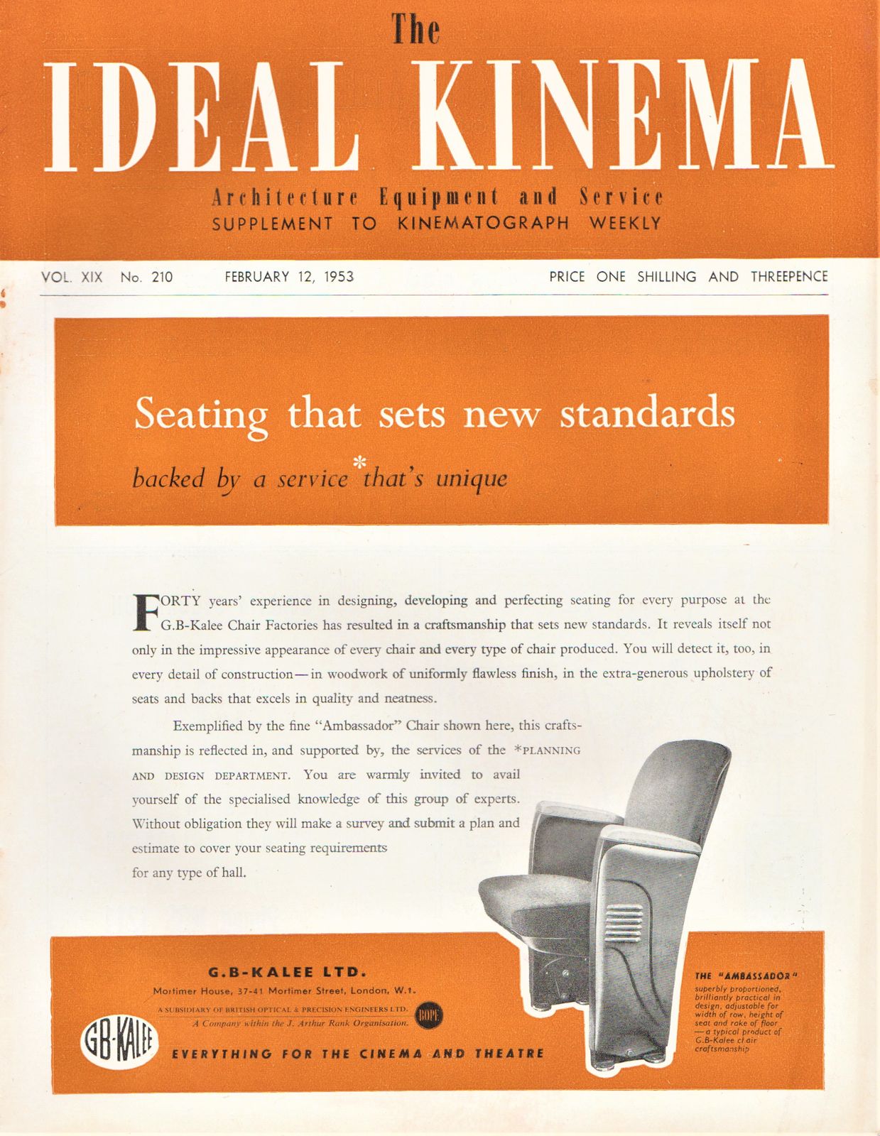 IDEAL KINEMA magazine side cover  Vol 19 No  210 12 February 1953