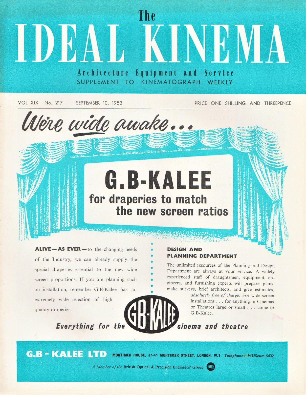 IDEAL KINEMA magazine side cover  Vol 19 No  217 10 September 1953