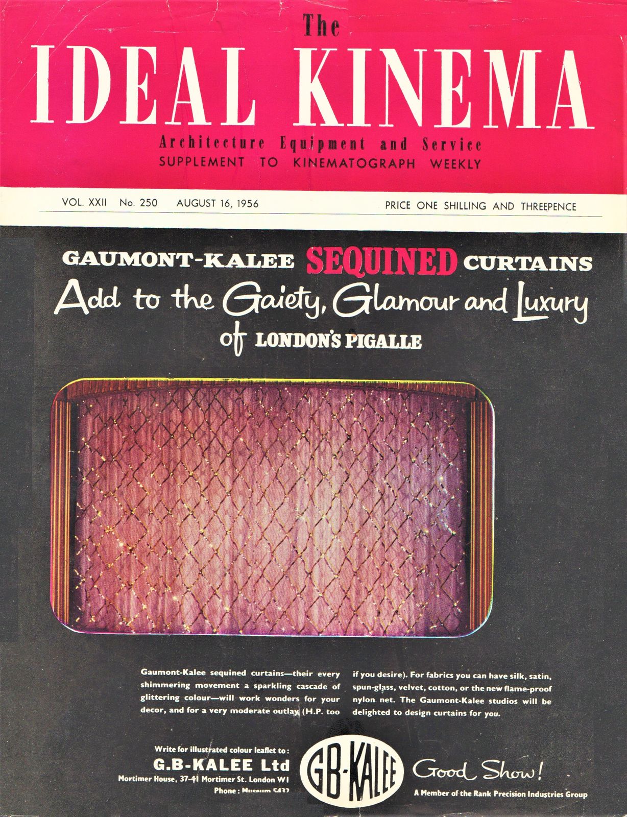 IDEAL KINEMA magazine side cover  Vol 22 No  250 16 August 1956