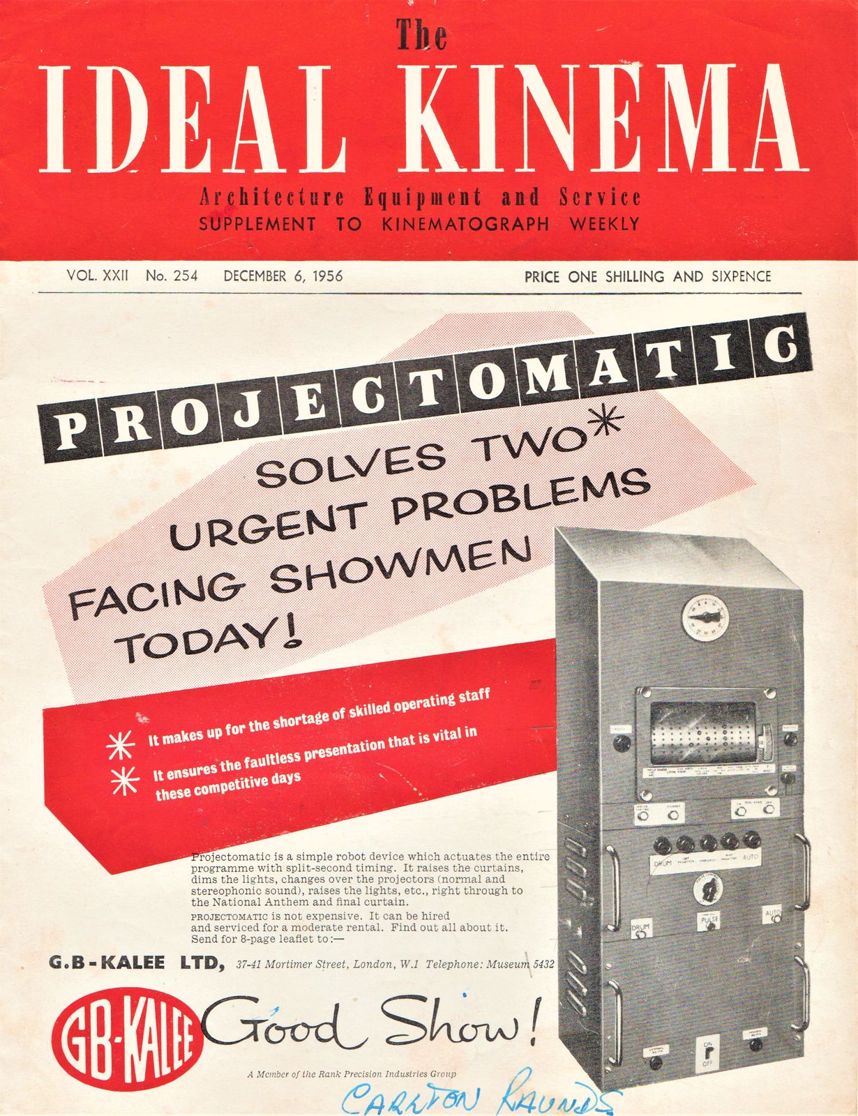 IDEAL KINEMA magazine side cover  Vol 22 No  254 6 December 1956