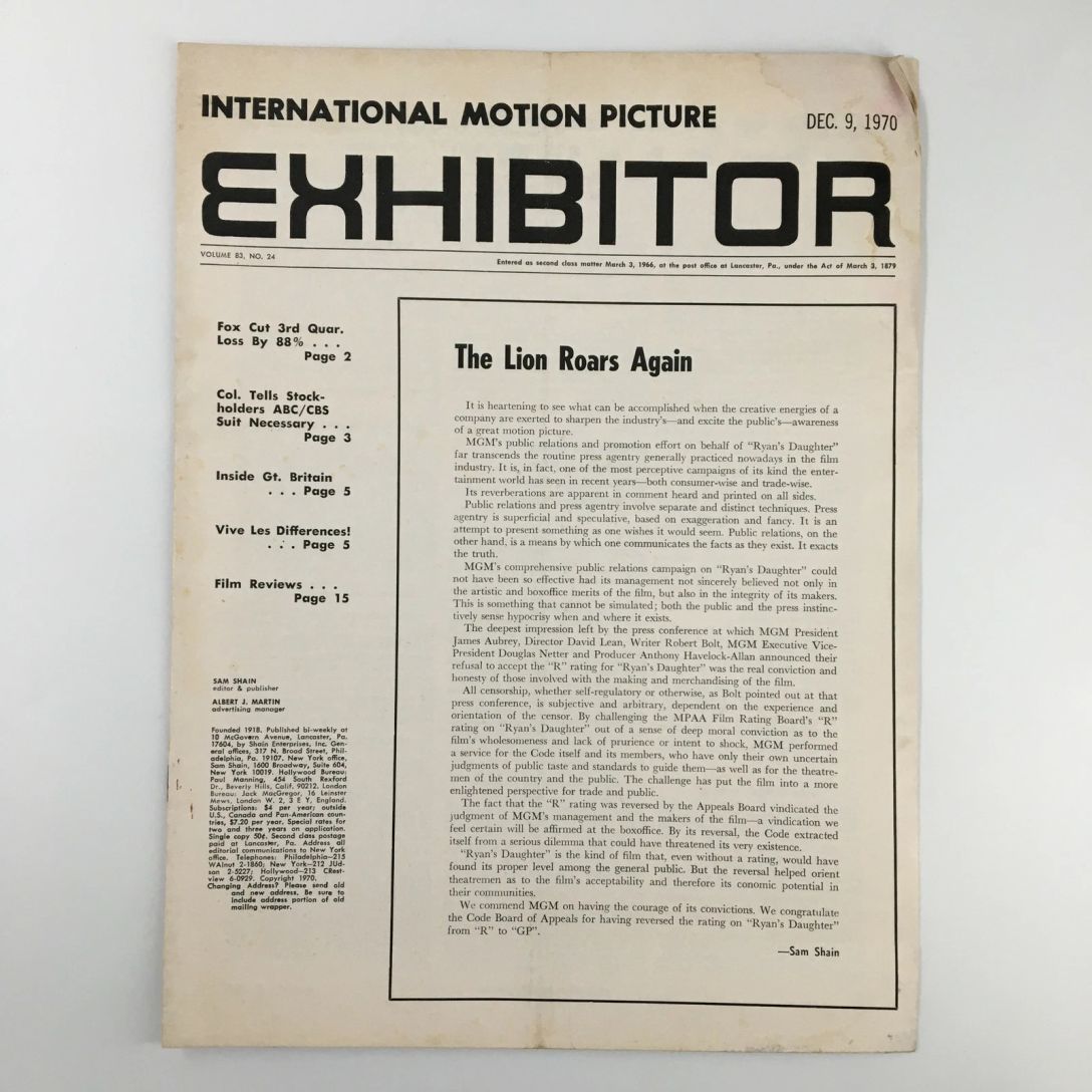 INTERNATIONAL MOTION PICTURE EXHIBITOR magazine side cover 9 December 1970