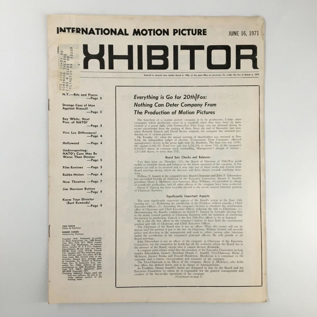 INTERNATIONAL MOTION PICTURE EXHIBITOR magazine side cover 16 June 1971