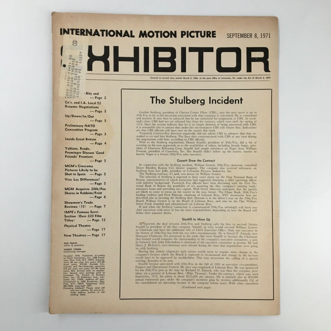 INTERNATIONAL MOTION PICTURE EXHIBITOR magazine side cover 8 September 1971